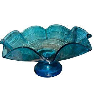 Vintage Blue Bischoff Glass Wavy Edge Large Compote/Dish